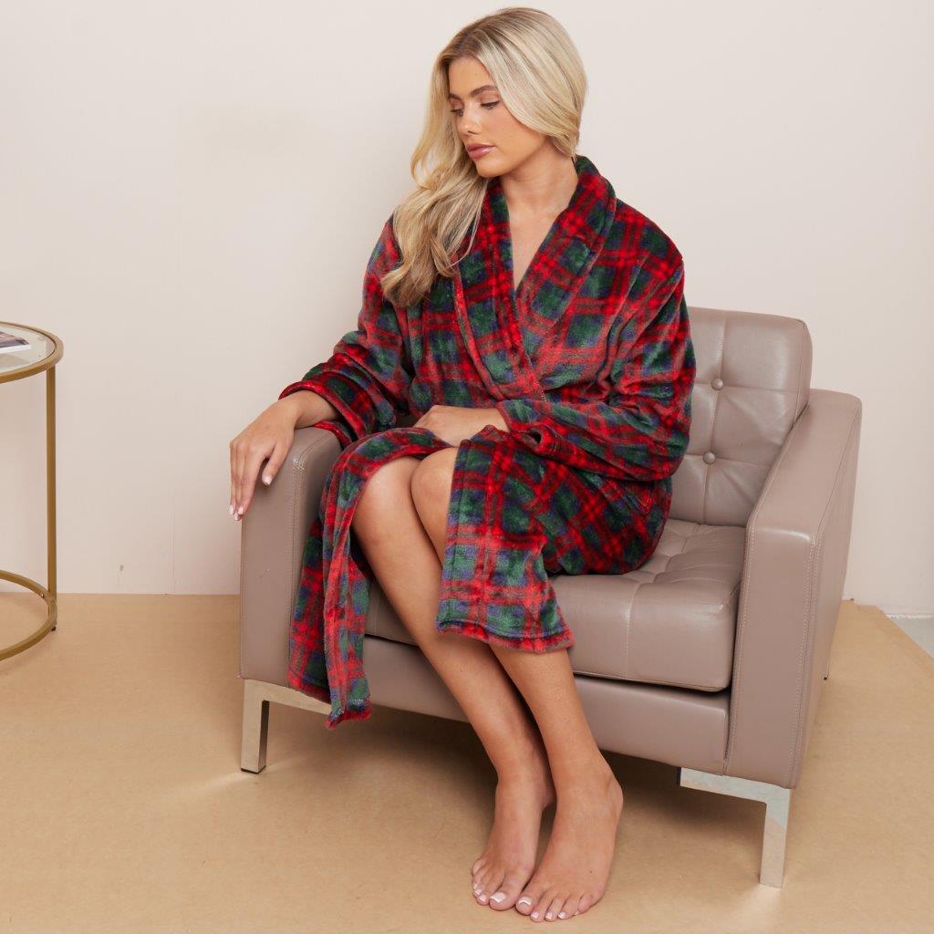 Ladies Flannel Wiber Tartan Check Bathrobes