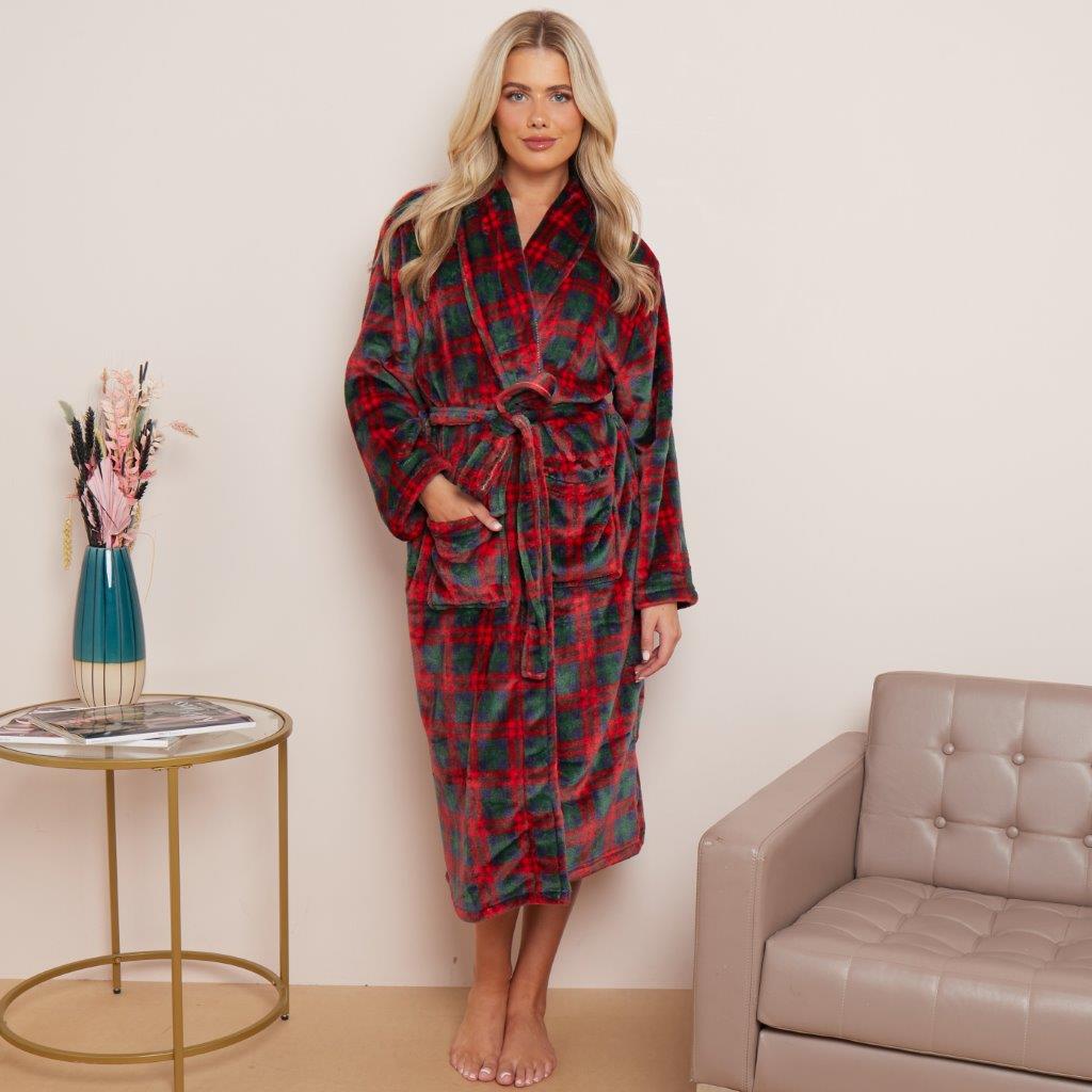 Ladies Flannel Wiber Tartan Check Bathrobes