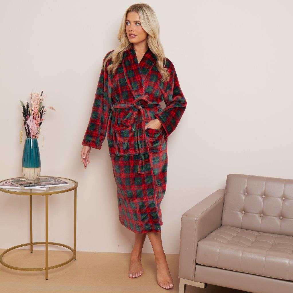 Ladies Flannel Wiber Tartan Check Bathrobes